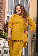 Plus Size Mustard Self Pom Pom Rayon Co-ord Set