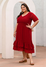 Plus Size Flattering Maroon Smocked Waist Midi Dress