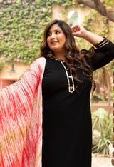 Plus Size Crystal Black Embellished Kurta Set with Crushed Pink Dupatta
