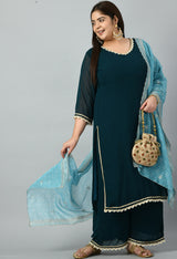 Plus Size Terrific Pearl Teal Kurta Palazzo Set with Bandhej Dupatta