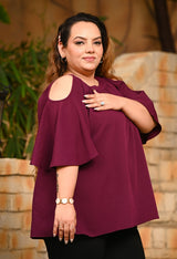 Plus Size Wine Crinkle Cold Shoulder Top
