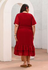 Plus Size Flattering Maroon Smocked Waist Midi Dress