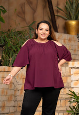 Plus Size Wine Crinkle Cold Shoulder Top