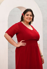 Plus Size Flattering Maroon Smocked Waist Midi Dress