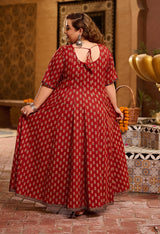 Plus Size Bright Maroon Pure Cotton Jaipuri Anarkali with Dupatta