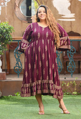 Plus Size Wine Gold Printed Flared Sleeves Rayon Dress