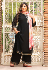 Plus Size Crystal Black Embellished Kurta Set with Crushed Pink Dupatta