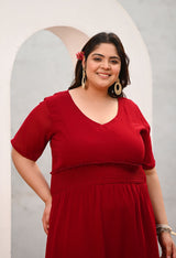 Plus Size Flattering Maroon Smocked Waist Midi Dress
