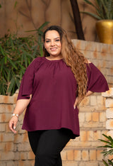 Plus Size Wine Crinkle Cold Shoulder Top