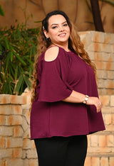Plus Size Wine Crinkle Cold Shoulder Top