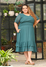 Plus Size Flattering Pine Green Smocked Waist Midi Dress
