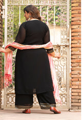 Plus Size Crystal Black Embellished Kurta Set with Crushed Pink Dupatta