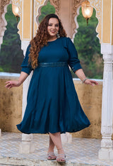 Plus Size Teal Blue Mirror Belt Rayon Dress