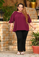 Plus Size Wine Crinkle Cold Shoulder Top