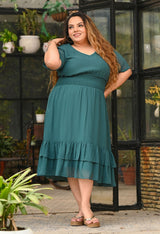 Plus Size Flattering Pine Green Smocked Waist Midi Dress