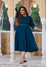 Plus Size Teal Blue Mirror Belt Rayon Dress