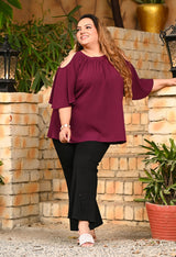 Plus Size Wine Crinkle Cold Shoulder Top