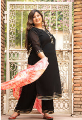 Plus Size Crystal Black Embellished Kurta Set with Crushed Pink Dupatta
