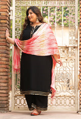 Plus Size Crystal Black Embellished Kurta Set with Crushed Pink Dupatta