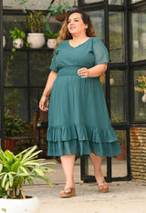 Plus Size Flattering Pine Green Smocked Waist Midi Dress