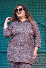 Plus Size Black Multi Printed Collared Linen Co-ord Set