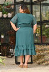 Plus Size Flattering Pine Green Smocked Waist Midi Dress