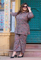 Plus Size Black Multi Printed Collared Linen Co-ord Set