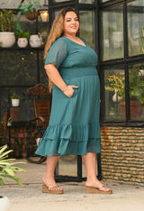 Plus Size Flattering Pine Green Smocked Waist Midi Dress