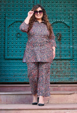 Plus Size Black Multi Printed Collared Linen Co-ord Set