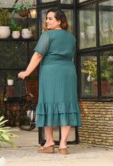 Plus Size Flattering Pine Green Smocked Waist Midi Dress