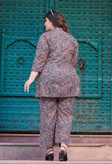 Plus Size Black Multi Printed Collared Linen Co-ord Set
