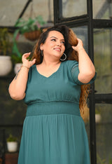 Plus Size Flattering Pine Green Smocked Waist Midi Dress