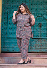 Plus Size Black Multi Printed Collared Linen Co-ord Set