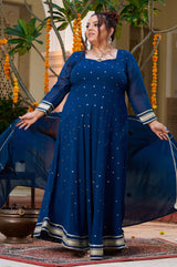 Plus Size Enchanted Elegance Teal Mukaish Anarkali with Dupatta