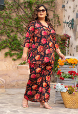 Plus Size Black Floral Pure Chinon Wrap Co-ord Set