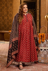 Plus Size Bright Maroon Pure Cotton Jaipuri Anarkali with Dupatta