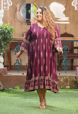 Plus Size Wine Gold Printed Flared Sleeves Rayon Dress