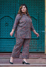 Plus Size Black Multi Printed Collared Linen Co-ord Set