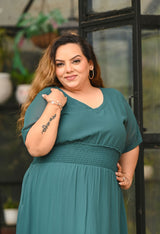 Plus Size Flattering Pine Green Smocked Waist Midi Dress