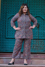 Plus Size Black Multi Printed Collared Linen Co-ord Set