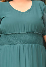 Plus Size Flattering Pine Green Smocked Waist Midi Dress