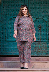 Plus Size Black Multi Printed Collared Linen Co-ord Set