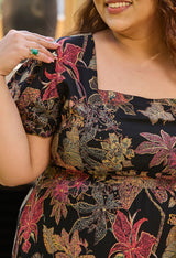 Plus Size Black Floral Foil Printed Rayon Slit Dress