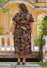 Plus Size Black Floral Foil Printed Rayon Slit Dress