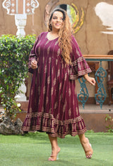 Plus Size Wine Gold Printed Flared Sleeves Rayon Dress