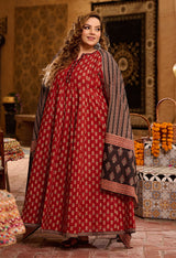 Plus Size Bright Maroon Pure Cotton Jaipuri Anarkali with Dupatta