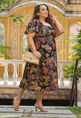 Plus Size Black Floral Foil Printed Rayon Slit Dress