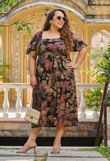 Plus Size Black Floral Foil Printed Rayon Slit Dress