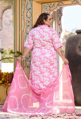 Plus Size Pink Printed Rayon Kurta Set with Dyed Dupatta