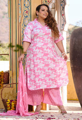Plus Size Pink Printed Rayon Kurta Set with Dyed Dupatta
